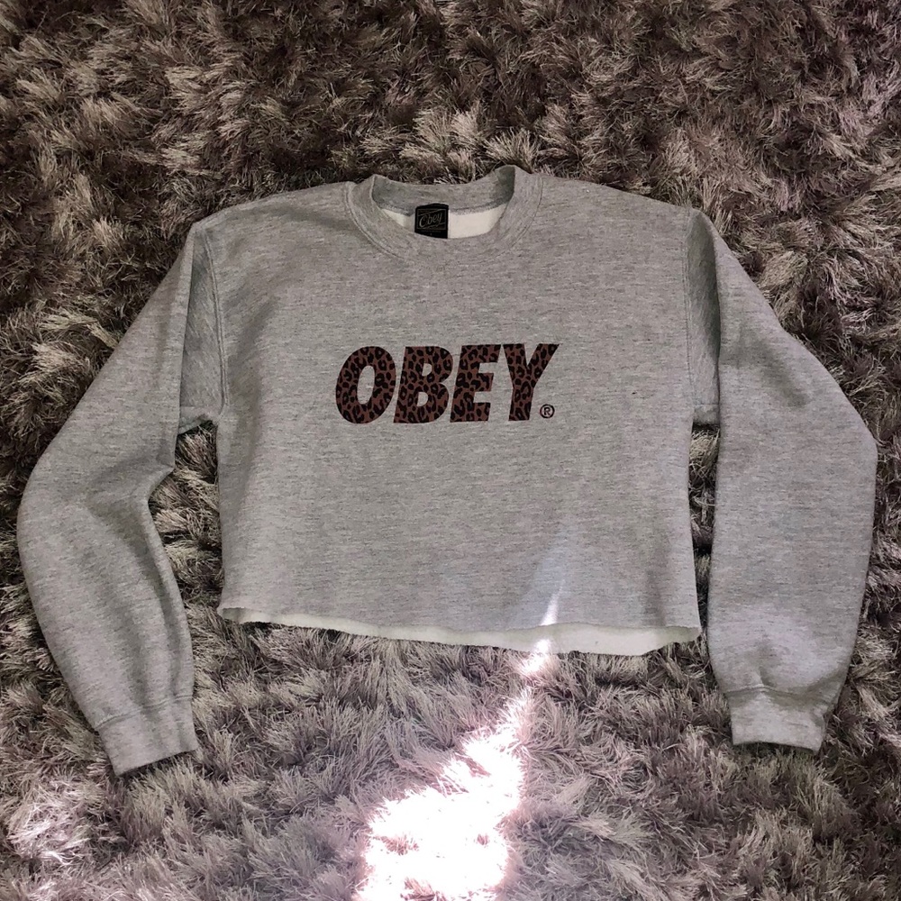 Cropped Leopard Obey Crewneck Hoodie Sweatshirt